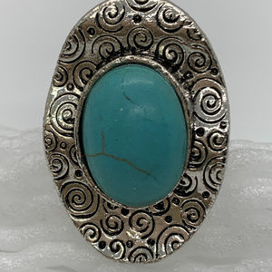 Adjustable Turquoise Antique Look Ring Wavy Edging